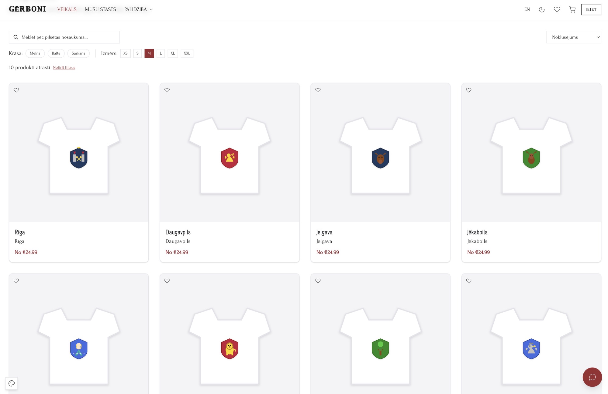 The GERBONI storefront: product grid of city coat-of-arms shirts with colour and size filters, search by city name, and wishlist hearts