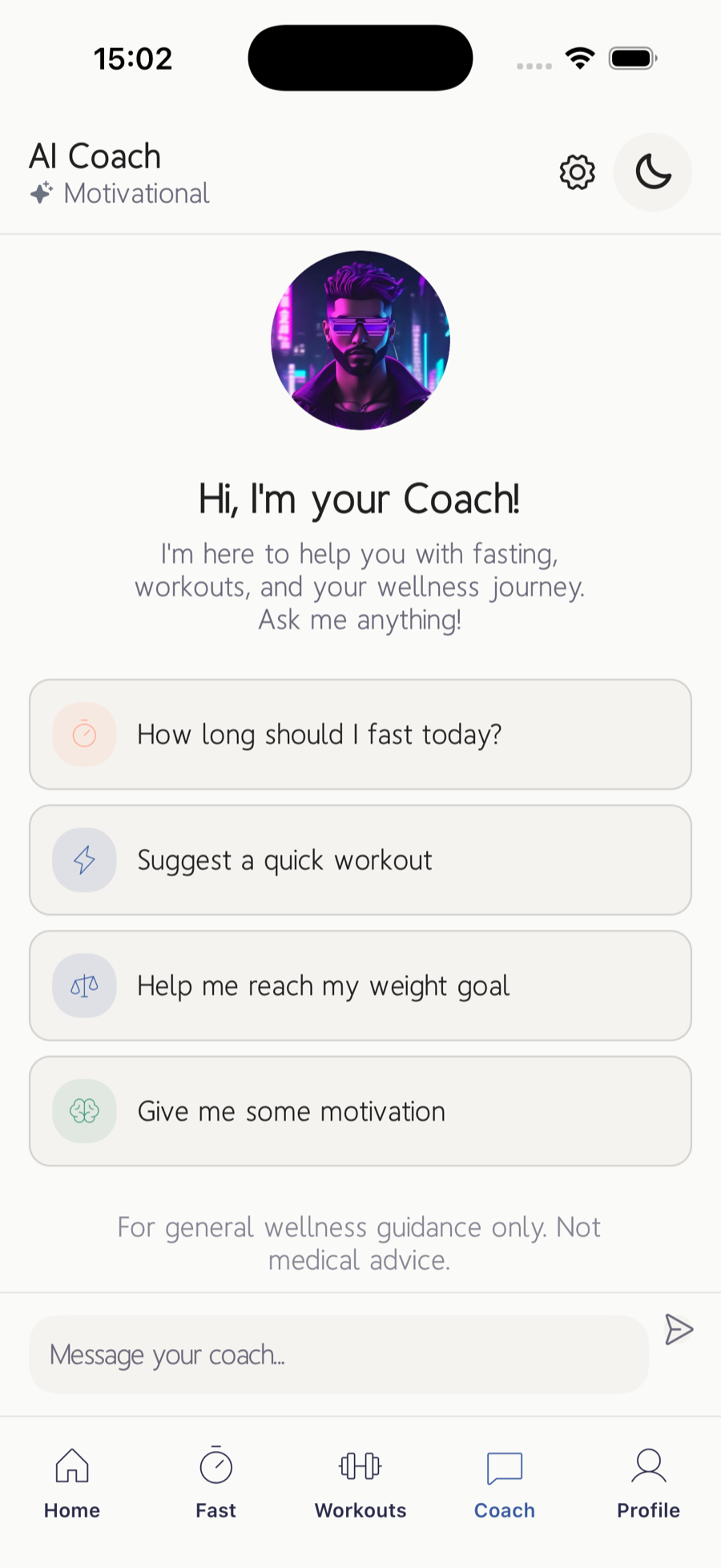 The UGOKI AI coach screen: selectable coach persona, suggested questions, and a permanent 'not medical advice’ disclaimer