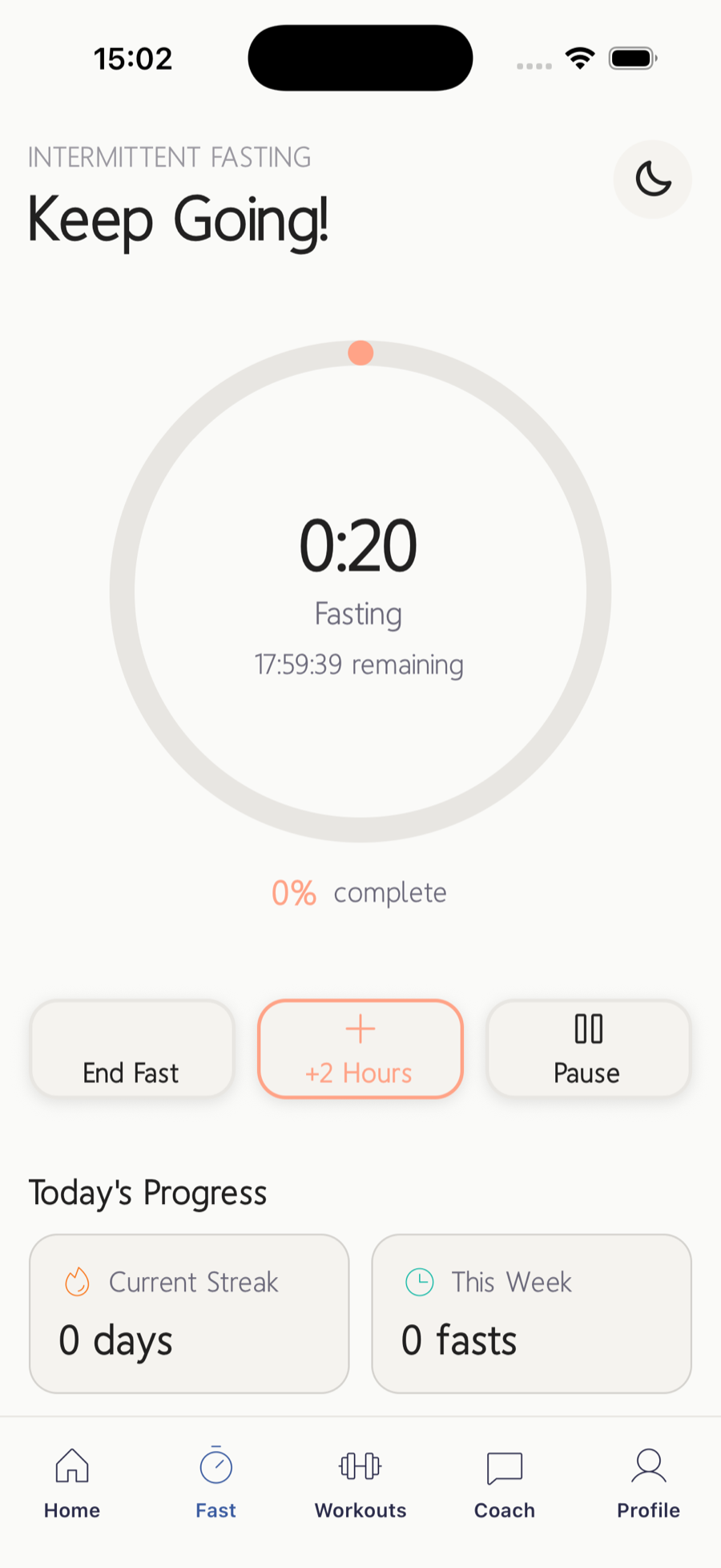 The UGOKI fasting timer mid-fast: elapsed time, time remaining, and end, extend and pause as first-class controls