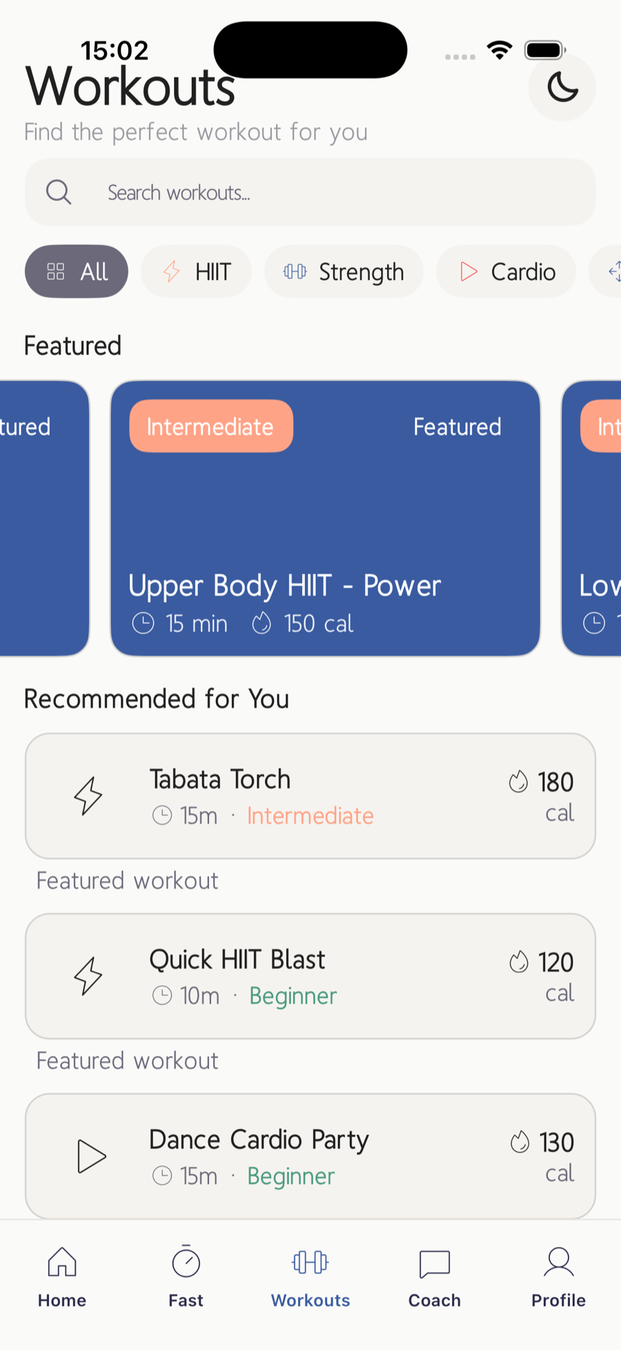 The UGOKI workout library: search, HIIT and strength filters, featured workouts with duration and calorie load, and personalised recommendations
